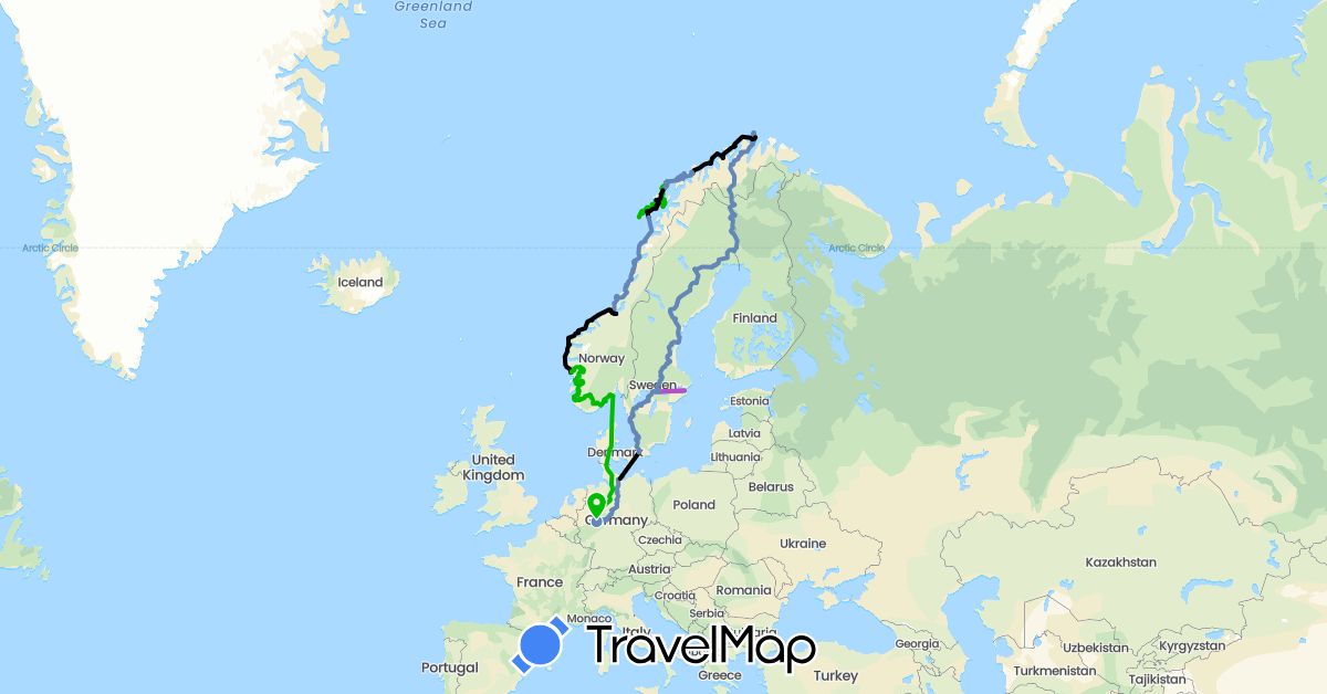 TravelMap itinerary: cycling, train, ferry (fähre), car (auto) in Germany, Finland, Norway, Sweden (Europe)